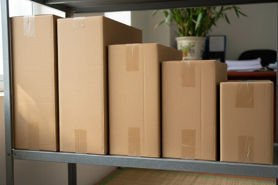 Các kích thước gáy bìa hộp giấy từ 10cm đến 30cm xếp ngay ngắn trên kệ kho văn phòng