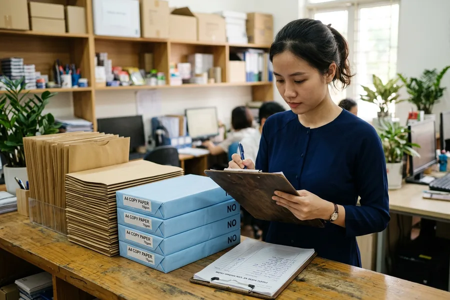 Kiểm kê đối chiếu danh mục hàng hóa văn phòng phẩm trên bảng kẹp hồ sơ cùng các kiện giấy in và tập tài liệu