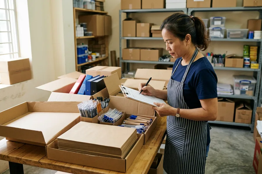 Kiểm kê phân loại hàng hóa văn phòng phẩm nhập kho theo từng danh mục trước khi đưa lên quầy kệ