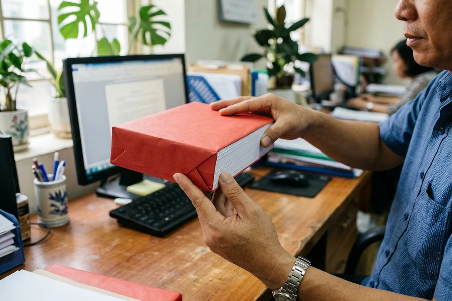 Kiểm tra bao bì chống ẩm màu đỏ và mép cắt công nghiệp phẳng ngọt của ram giấy Supreme