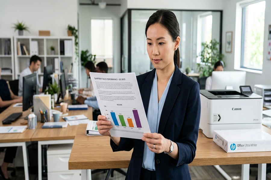 Nhân viên văn phòng kiểm tra độ sắc nét của văn bản in đảo mặt trên giấy A4 Excel định lượng 70gsm.