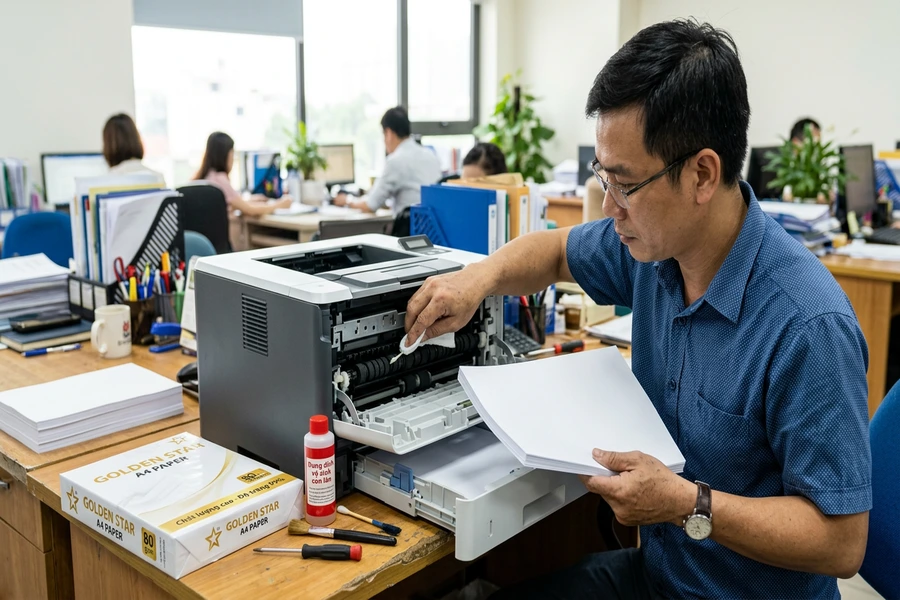 Kiểm tra bề mặt giấy Golden Star A4 và vệ sinh con lăn kéo giấy máy in