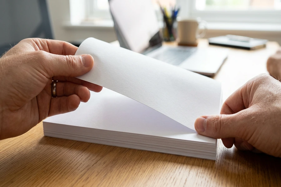 Bàn tay nâng uốn cong tờ giấy A4 trên xấp giấy đặt ở bàn làm việc để kiểm tra độ đanh và mép cắt