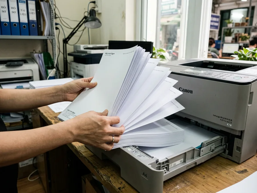 Xòe xấp giấy A4 trước khi nạp vào khay máy in
