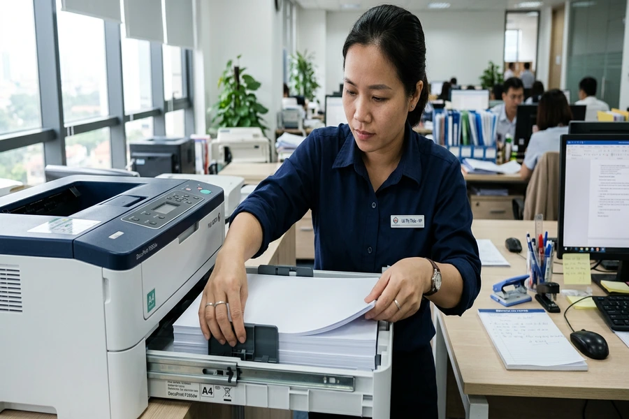 Thao tác căn chỉnh thanh gạt khay nạp giấy máy in văn phòng và vỗ tơi mép giấy A4 phẳng phiu