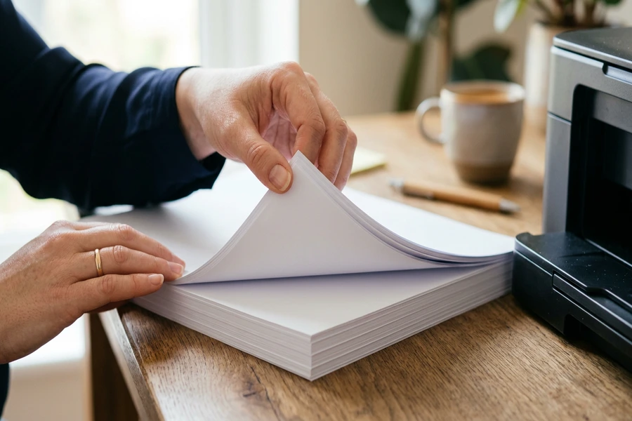 Kiểm tra độ phẳng và quạt nhẹ mép xấp giấy in A4 trước khi nạp vào máy in văn phòng.