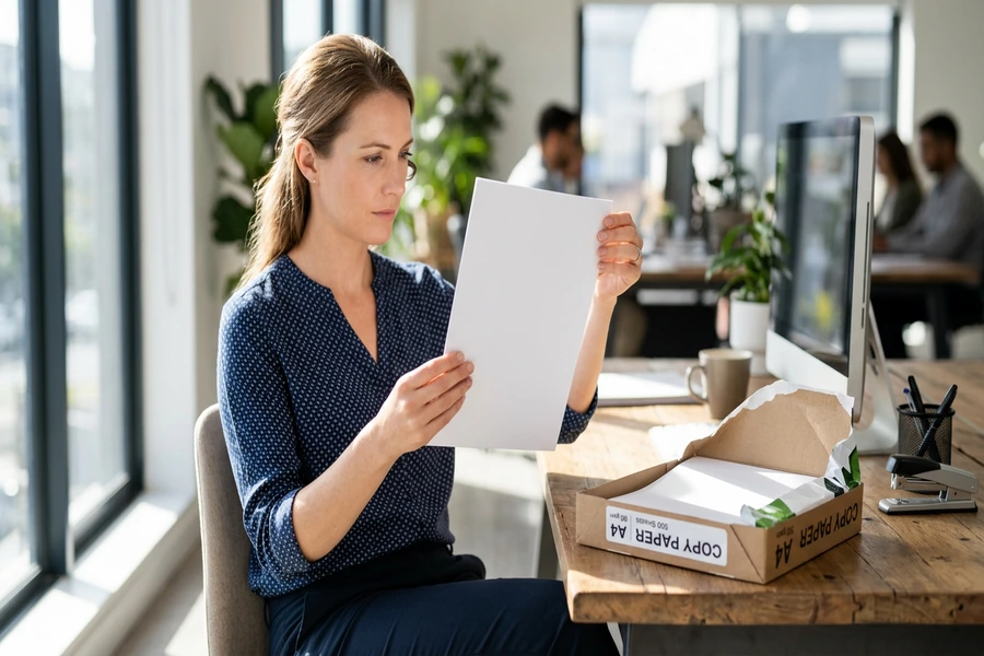 Nhân viên kiểm tra độ trắng 92 ISO và độ phẳng mịn của tờ giấy A4 Idea trên bàn làm việc