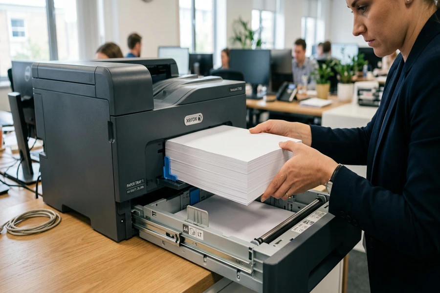 Thao tác nạp giấy A4 cắt mép phẳng phiu vào khay chứa của máy in văn phòng