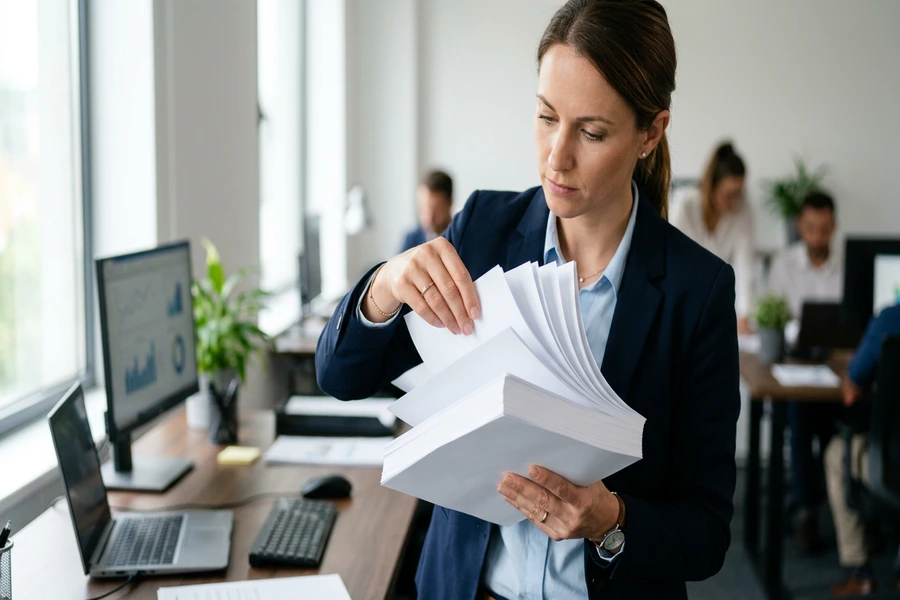 Uốn nhẹ tập giấy in A4 để kiểm tra độ phẳng mịn của mép cắt và lượng bụi giấy thừa