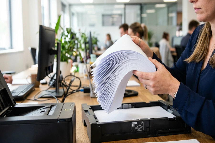 Thao tác xòe quạt làm tơi xấp giấy in A4 để loại bỏ bụi giấy và xả tĩnh điện