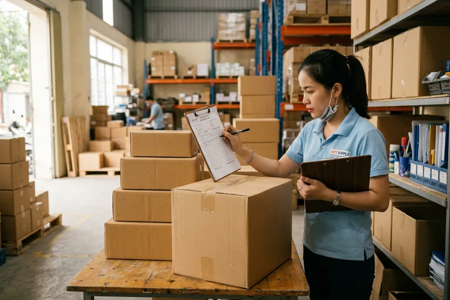 Kiểm tra quy cách thùng hàng văn phòng phẩm và đối chiếu biên bản giao nhận vật tư
