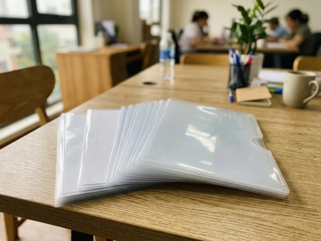 Bìa lá nhựa trong chứa tài liệu giấy in đặt trên bàn làm việc