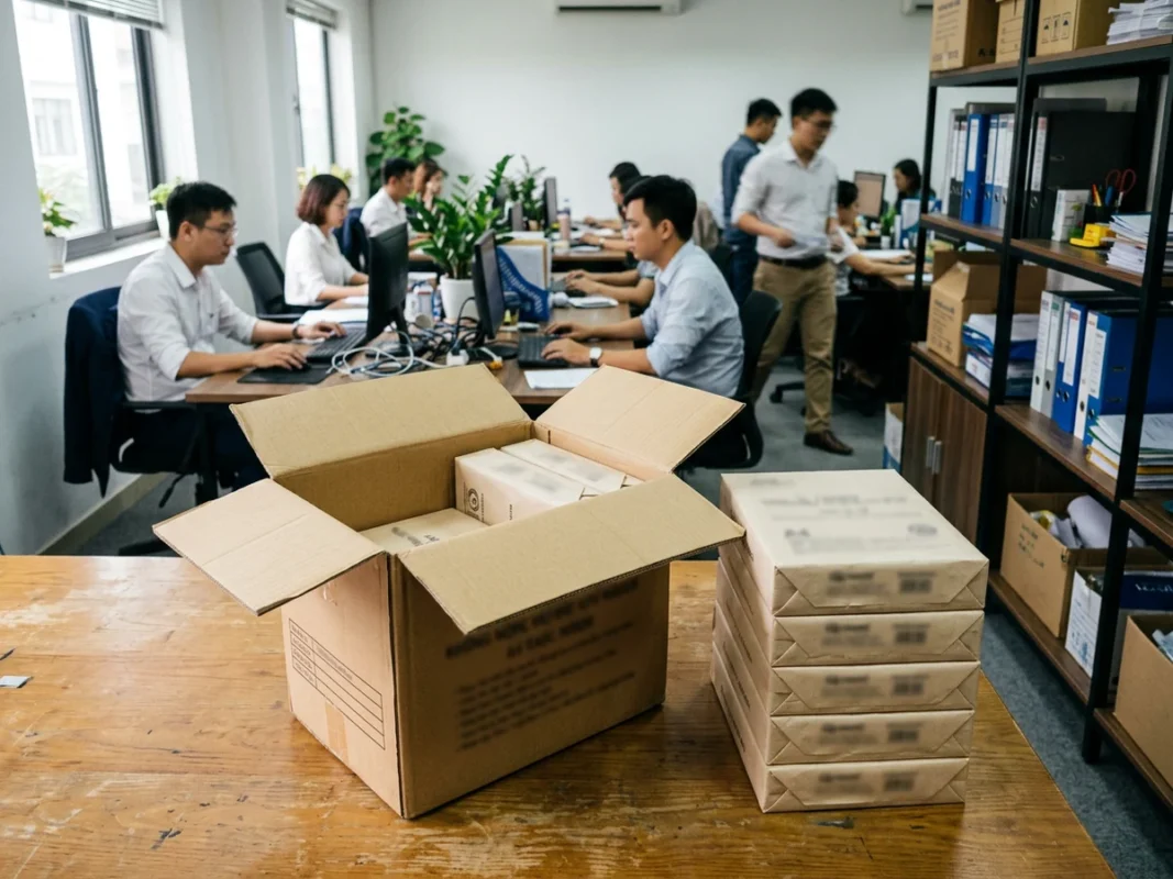 Thùng giấy in A4 mở nắp cạnh kệ văn phòng, các ram giấy xếp gọn bên cạnh