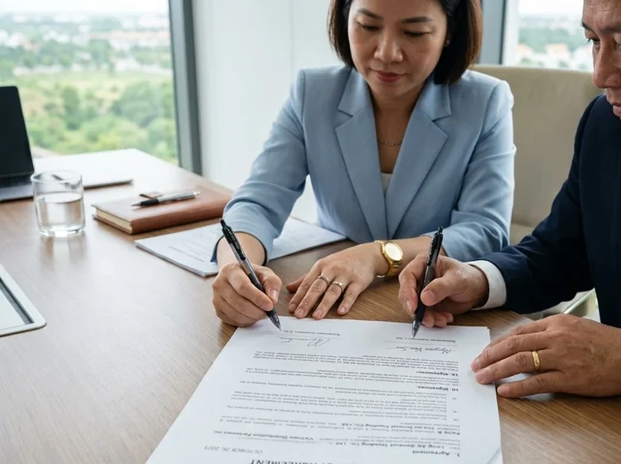 Thao tác ký kết hợp đồng và chứng từ quan trọng bằng bút mực nước cao cấp