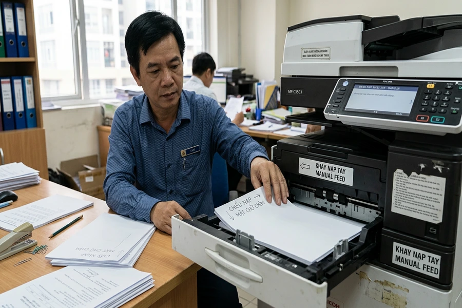 Thao tác dùng giấy nháp đánh dấu chiều nạp và đặt giấy vào khay nạp tay máy in để in đè chữ chìm