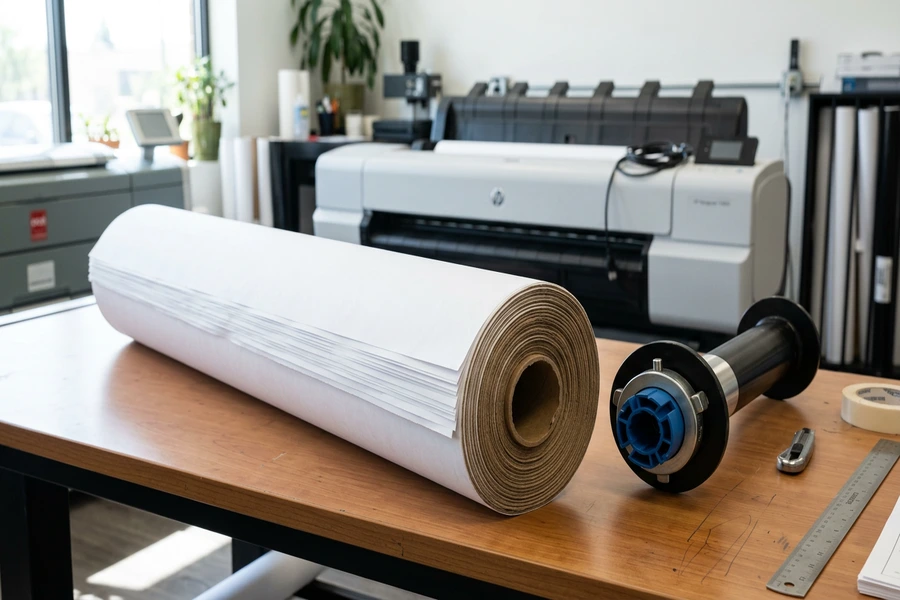 Cuộn giấy in khổ lớn đặt cạnh trục gá và adapter chuyển đổi lõi máy in plotter