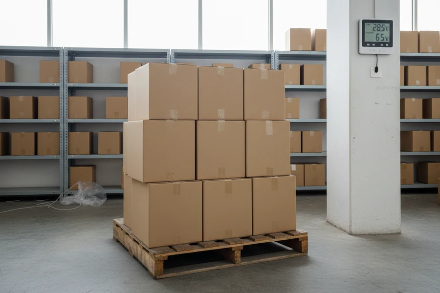 Thùng giấy in carton xếp trên pallet gỗ cao ráo có máy đo nhiệt độ và độ ẩm kế bên