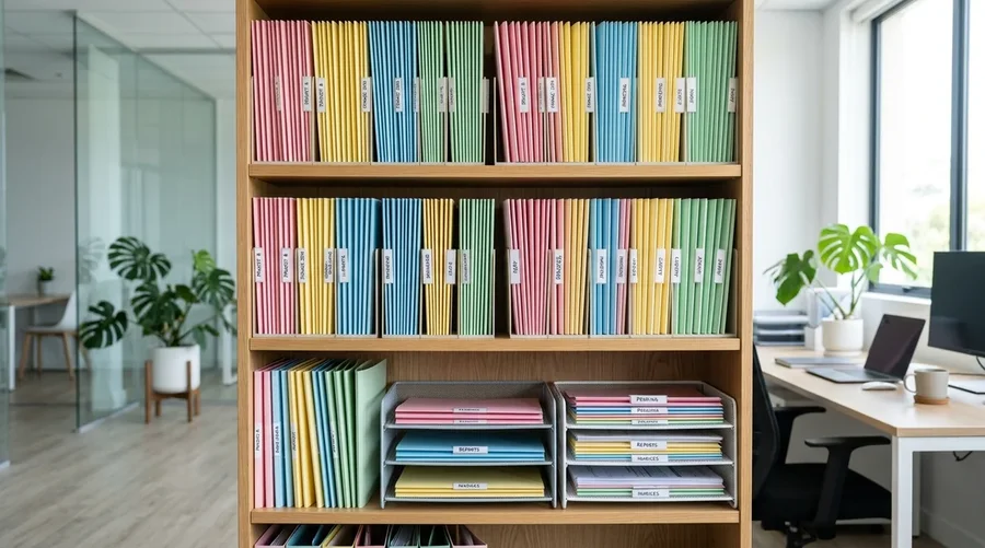 Kệ tài liệu văn phòng sắp xếp các tập bìa flat file giấy nhiều màu theo hàng đứng và trong khay đựng hồ sơ