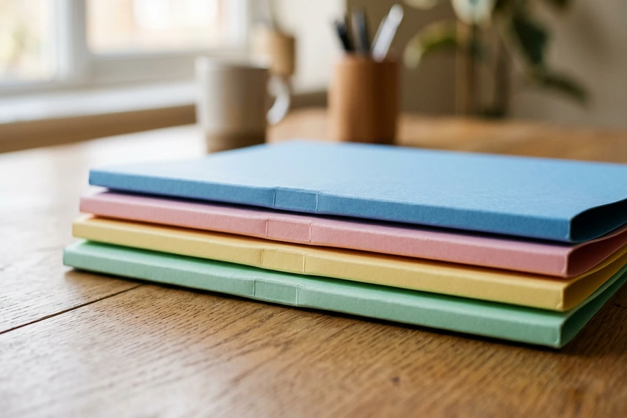 Các mẫu bìa acco giấy flat file A4 nhiều màu sắc xếp gọn gàng trên bàn làm việc văn phòng