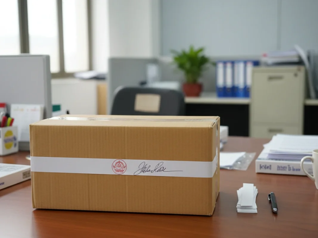 Thùng carton được dán dải giấy niêm phong qua mép nắp, có dấu đỏ và chữ ký, bên cạnh xấp giấy niêm phong