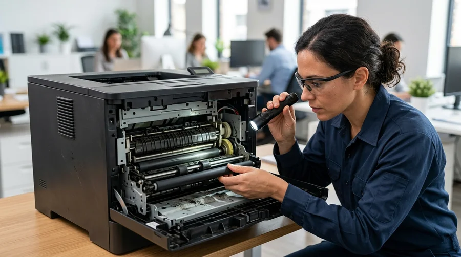 Kỹ thuật viên kiểm tra đường dẫn giấy và cảm biến máy in laser văn phòng bằng đèn pin