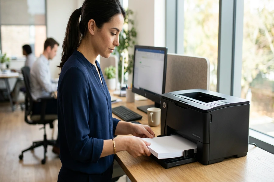 Nạp giấy in văn phòng vào khay giấy máy in laser để bàn