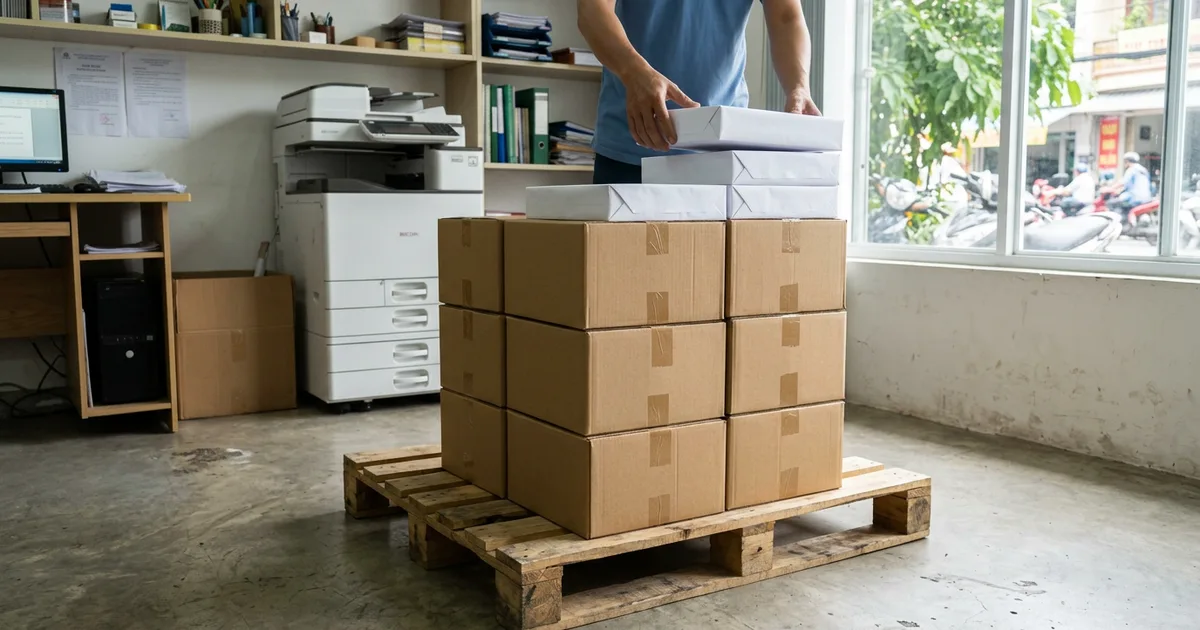 Thùng giấy in A4 và các ram giấy kê trên pallet gỗ trong phòng in văn phòng