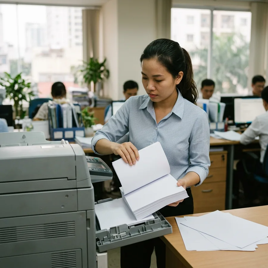 Kiểm tra xấp giấy in A-One trắng tinh trước khi nạp vào máy in