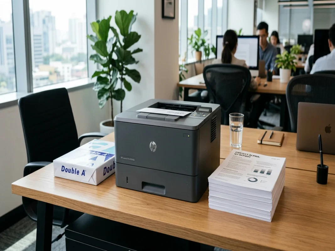 Xấp giấy in A4 và tài liệu in hai mặt sắc nét đặt cạnh máy in laser trên bàn làm việc văn phòng
