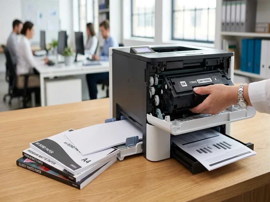 Góc in ấn văn phòng với máy in laser để bàn, hộp mực cartridge và các loại giấy in văn phòng được sắp xếp đồng bộ