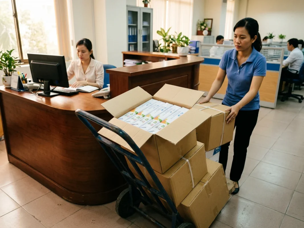 Thùng giấy in A4 vừa được giao tới văn phòng, một thùng mở thấy các ram giấy bên trong