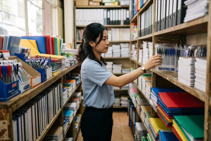 Nhân viên văn phòng chọn bút bi trên kệ của một tiệm văn phòng phẩm nhỏ gần cơ quan