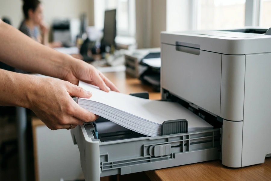 Thao tác đặt xấp giấy in A4 phẳng phiu ngay ngắn vào khay nạp giấy máy in văn phòng