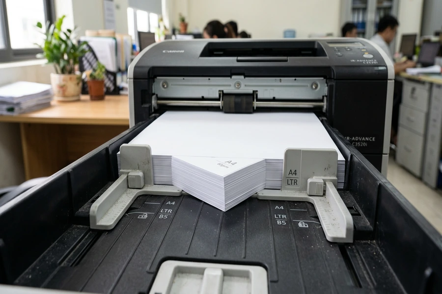 Cận cảnh khay nạp giấy máy in với xấp giấy A4 được căn chỉnh ngay ngắn giữa hai thanh cữ giữ giấy