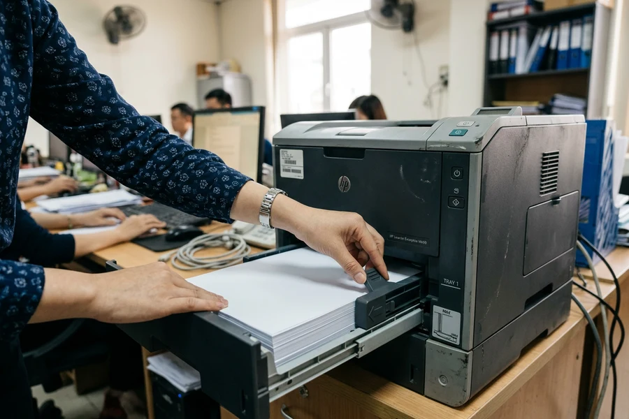 Thao tác căn chỉnh thanh gạt nạp giấy A4 trong khay máy in laser văn phòng