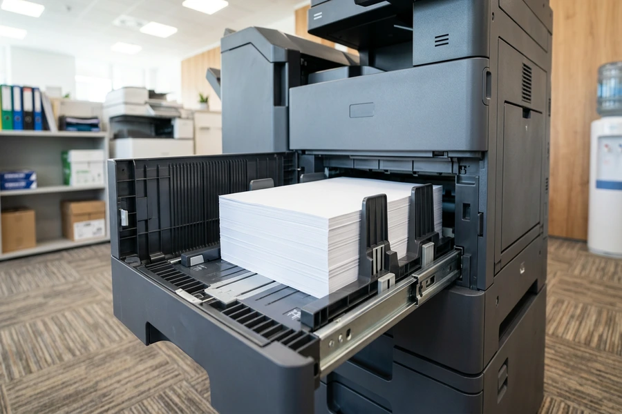 Xấp giấy in A4 phẳng phiu đặt ngay ngắn bên trong khay nạp giấy của máy photocopy văn phòng
