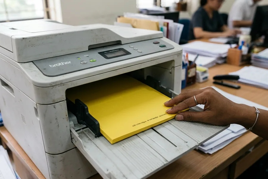 Hai thanh gạt lề ôm sát mép tờ giấy bìa dày trong khe nạp tay