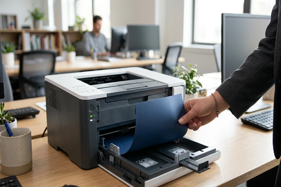 Thao tác đặt một tờ giấy bìa màu dày vào khe nạp tay đa năng phía trước của máy in laser để bàn.