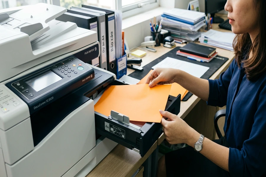 Thao tác đặt tờ giấy bìa màu A4 vào khay nạp tay đa năng Bypass Tray của máy in văn phòng để bàn