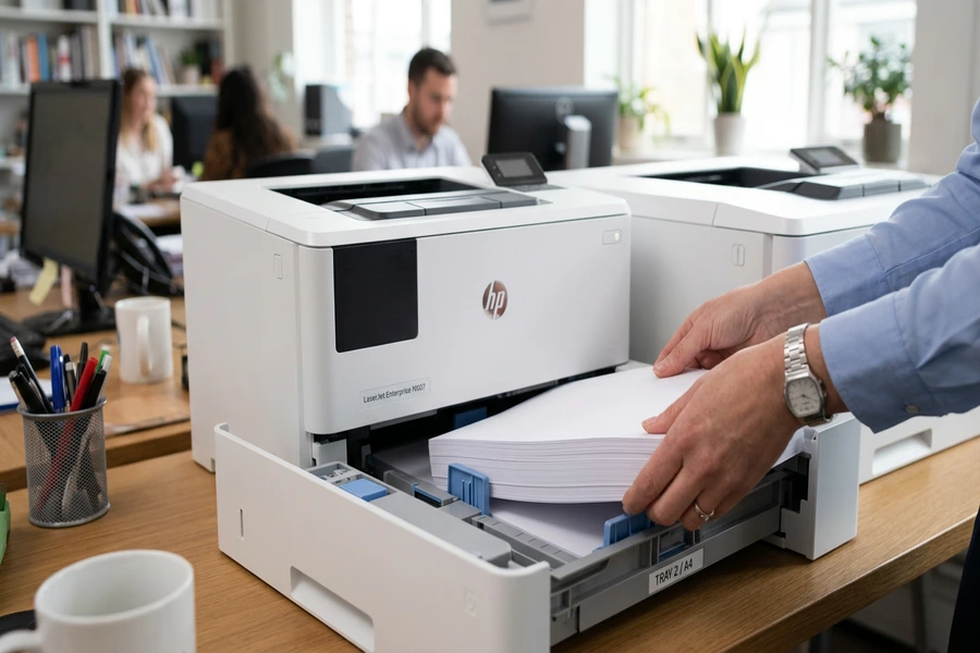 Nhân viên văn phòng đặt xấp giấy in A4 vào khay nạp của máy in laser HP