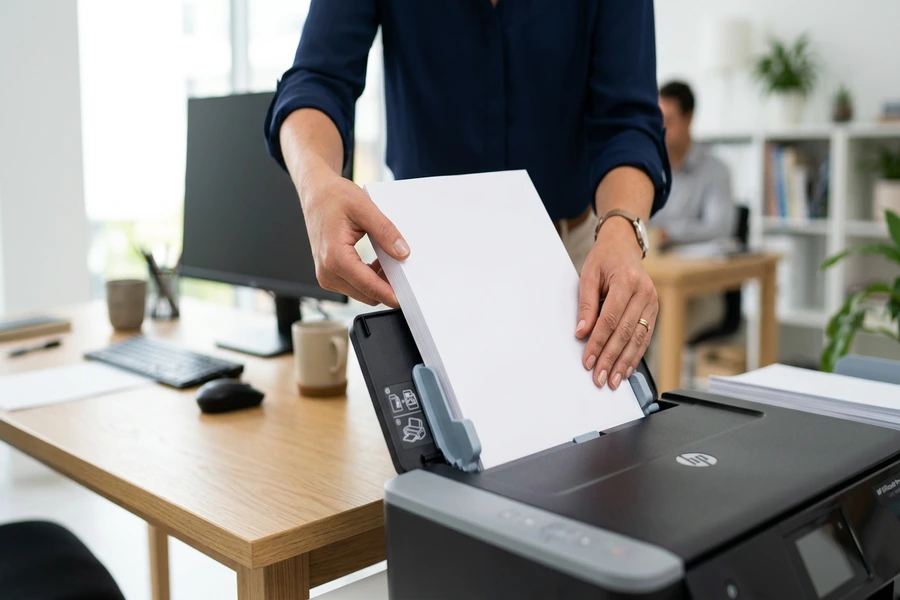 Thao tác đặt xấp giấy in A4 vào khay nạp đứng phía sau của máy in phun trong văn phòng