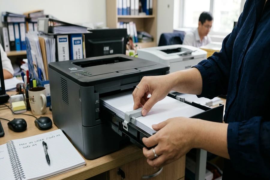 Thao tác căn chỉnh thanh cữ khay nạp máy in laser khít mép giấy A4 để chống kẹt giấy