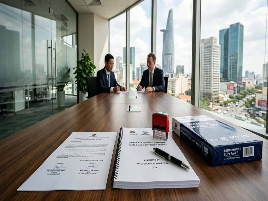Bộ hợp đồng và hồ sơ thầu in trên giấy A4 trắng đanh chắc kèm bút ký và con dấu trên bàn làm việc