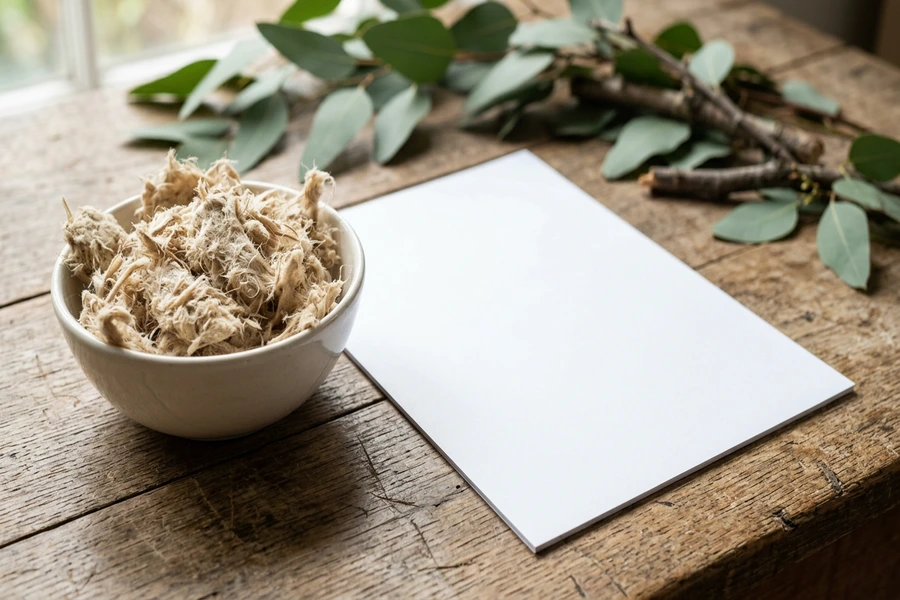 Mẫu sợi bột gỗ cellulose tự nhiên đặt cạnh tờ giấy in A4 trắng mịn trên bàn gỗ