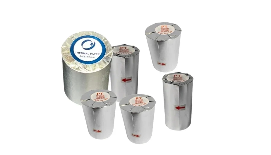 Năm cuộn giấy in nhiệt bọc giấy bạc, đủ đường kính từ nhỏ tới lớn, một cuộn dán nhãn Thermal Paper size 57mm