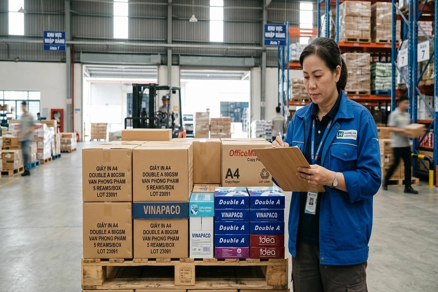 Kiểm tra các kiện hàng và thùng giấy in văn phòng phẩm tại kho phân phối sỉ