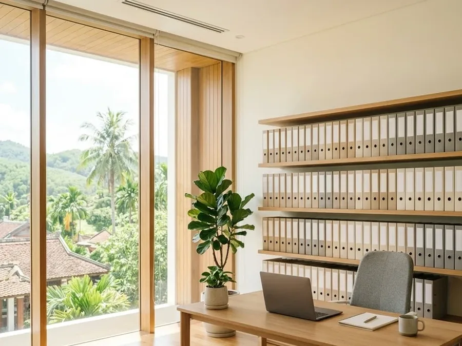 Các dãy bìa còng và cặp hồ sơ lưu trữ tài liệu được sắp xếp khoa học trên giá kệ văn phòng