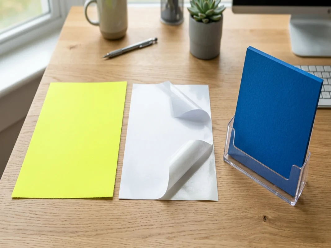 Ba mẫu vật liệu gồm giấy dạ quang màu vàng neon mỏng, giấy decal bóc hé góc để lộ lớp keo dán và giấy bìa cứng màu xanh dựng trên chân kẹp mica