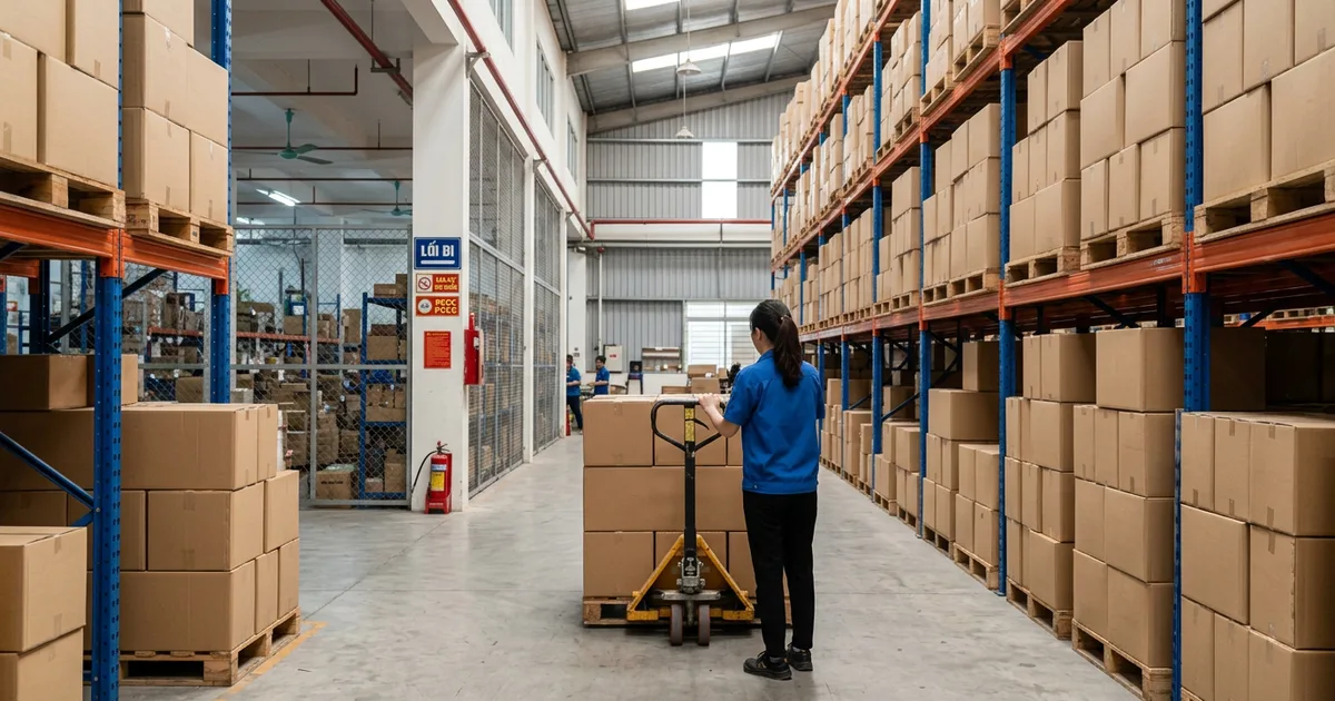 Không gian kho hàng trung tâm phân phối văn phòng phẩm với các kệ pallet thùng carton và kiện hàng