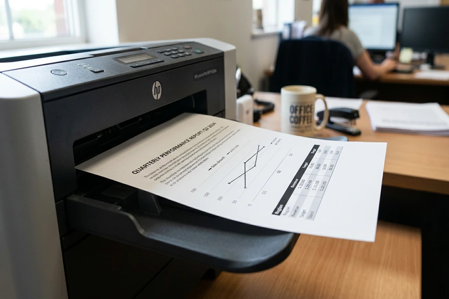 Tờ giấy plain paper trắng mịn in văn bản sắc nét đang chạy ra từ khay máy in laser văn phòng